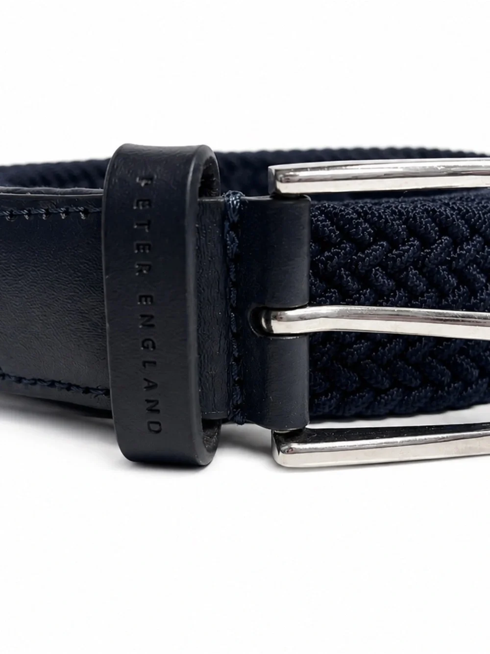Peter England Navy Braided Stretch Woven Belt Leather Trim Silver Buckle 100cm
